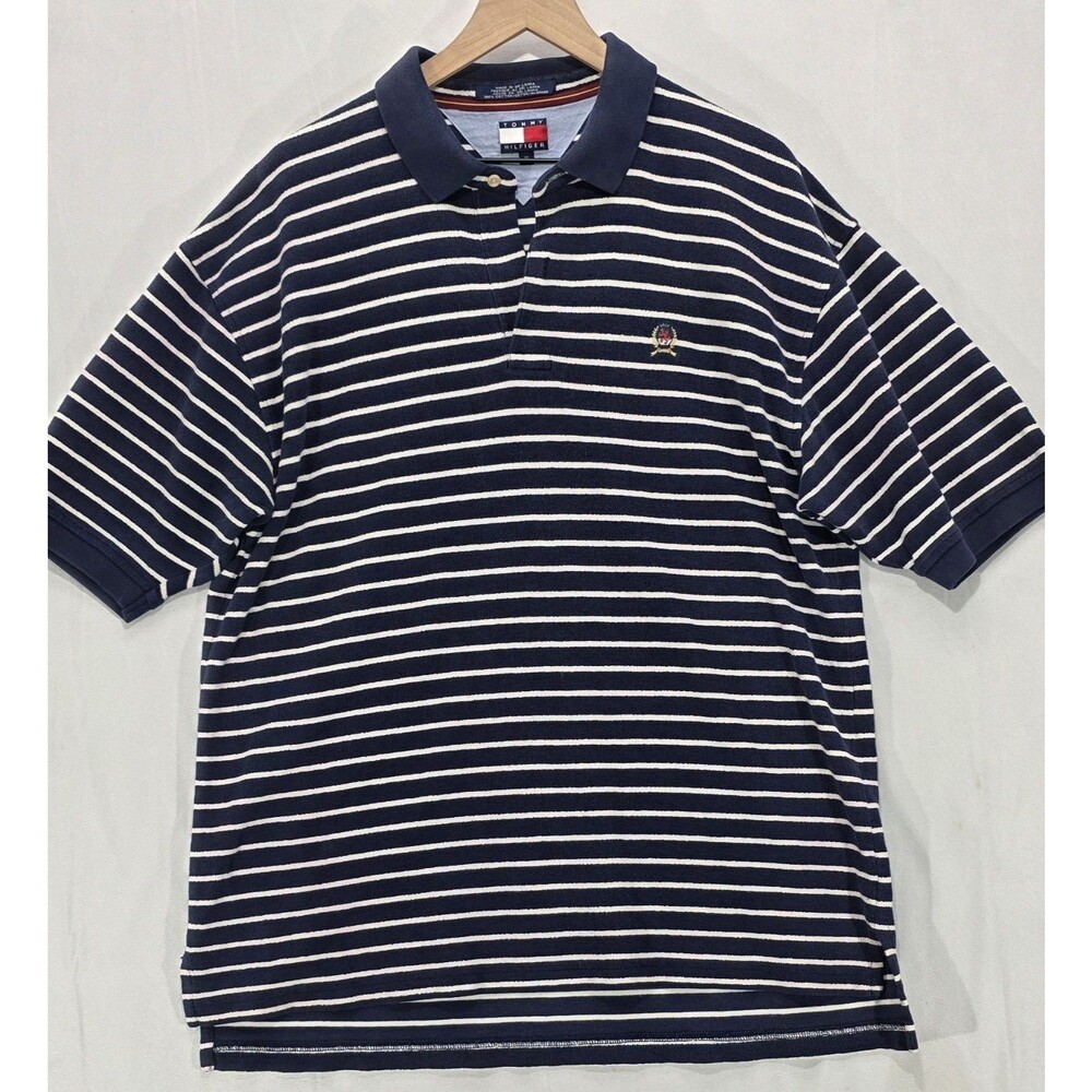 VTG Tommy Hilfiger Striped Polo Shirt Terry Cloth Blue White Nautical Coastal